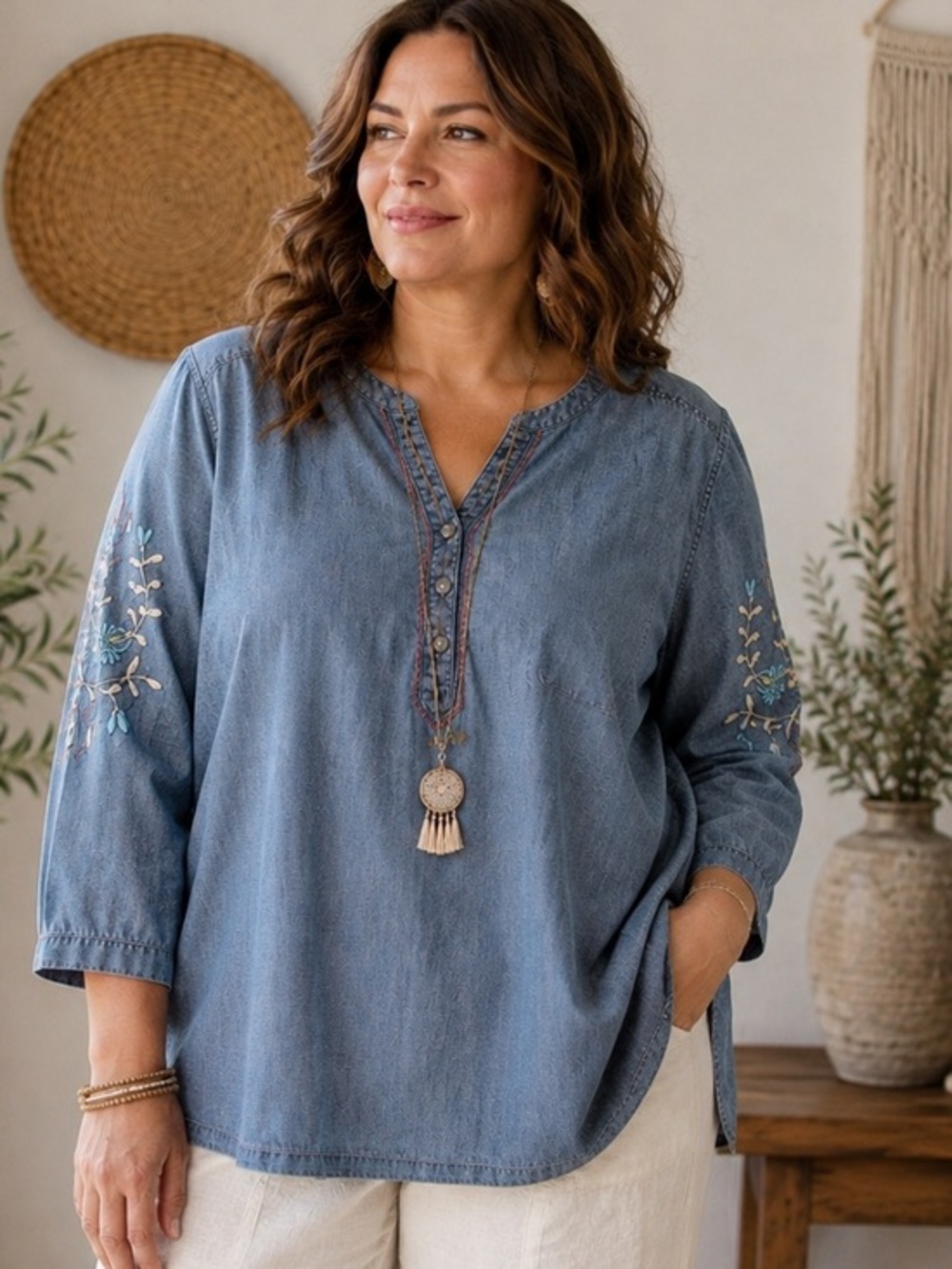 Chicos  Blue  Chambray Denim Tunic Top 
Embroidered Sleeves in size 2 (12-14)